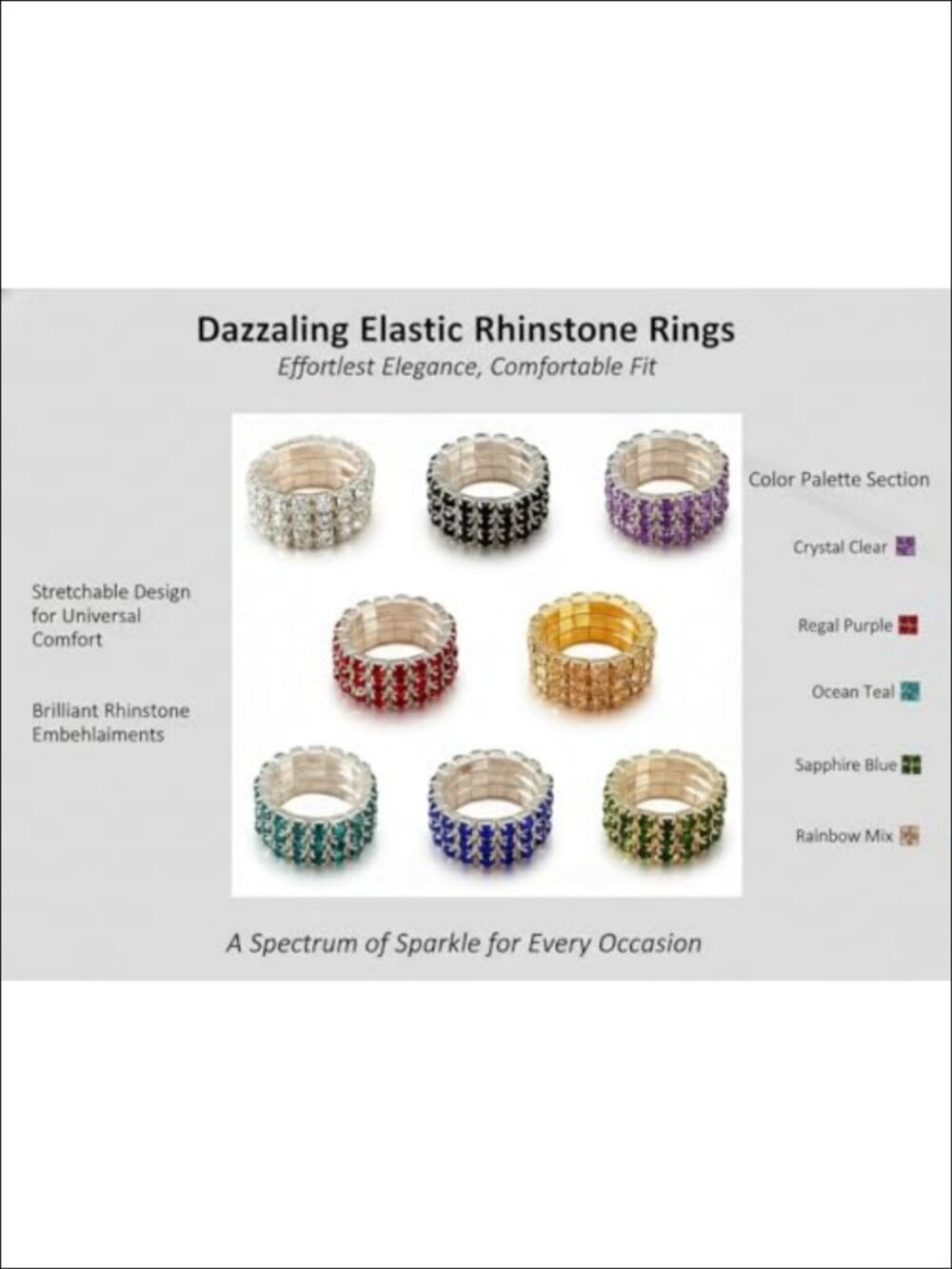 10 Pc Adjustable Rhinestone Ring Set Elastic Stacking Rings - Picture 3 of 6